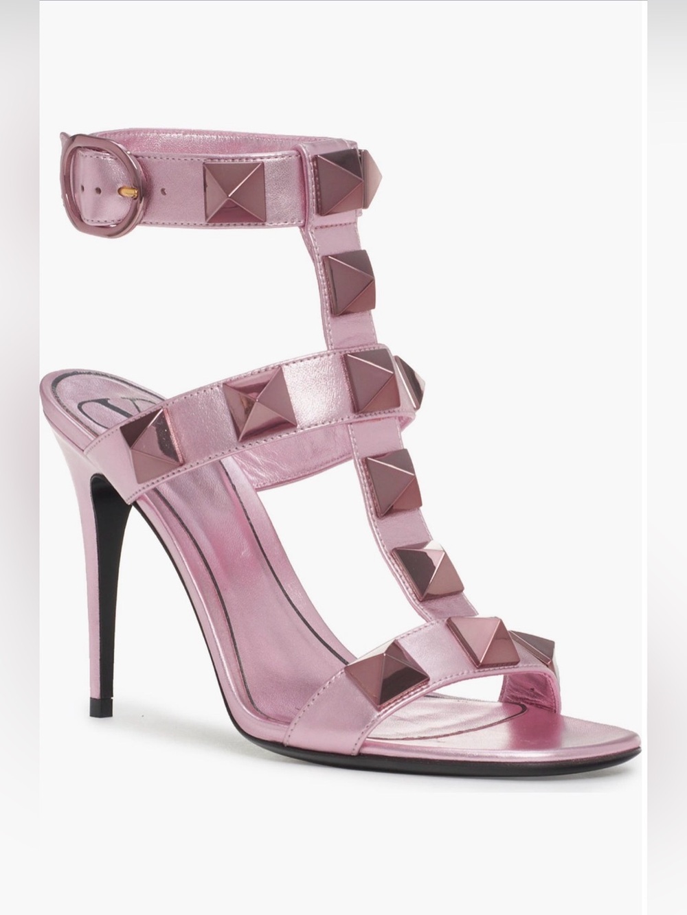 Valentino Garavani Roman Stud T-Strap Sandal in Metallic Pink